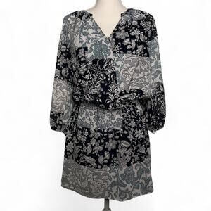 Loft Dress Size Small Boho Paisley Black Gray Blouson Surplice Casual Comfort